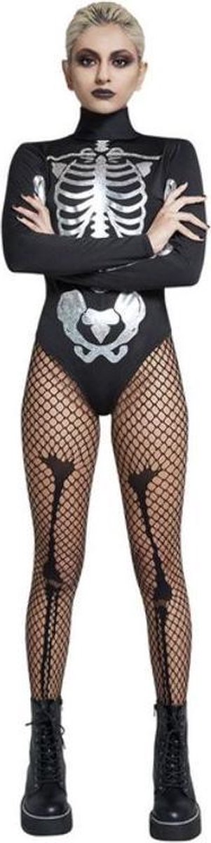 Spook & Skelet Kostuum | Zwart Met Zilver Skelet Body Vrouw | Large | Halloween | Verkleedkleding